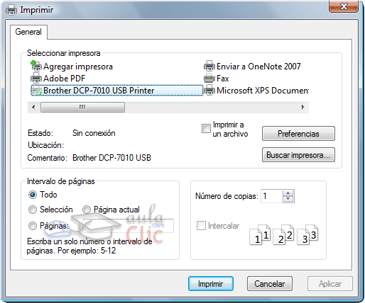 Caudro de diálogo de Imprimir en el menú Archivo