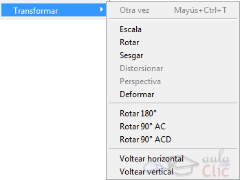 Submenú transformar en Edición