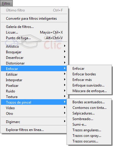 Listado de filtros en el menú Filtros